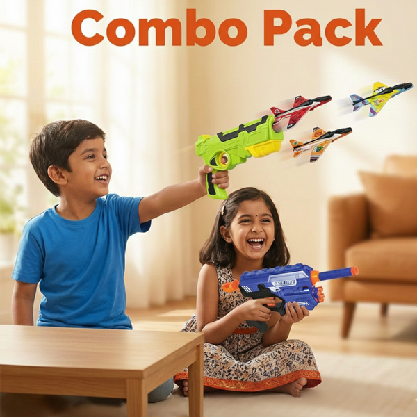 Double Launch Action Combo – Soft Bullet Blaster + Foam Plane Launcher for Kids